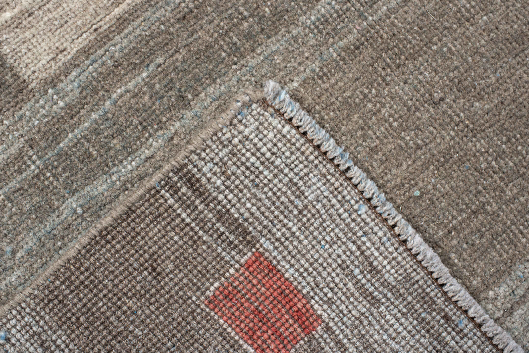 4' x 5' one-of-a-kind handmade antique Gabbe small size rug. Color palette: taupe, sky blue, charcoal, rust, ivory, camel