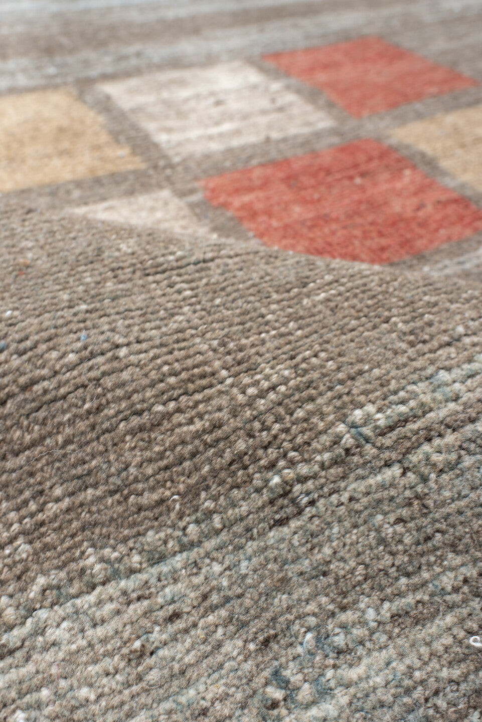 4' x 5' one-of-a-kind handmade antique Gabbe small size rug. Color palette: taupe, sky blue, charcoal, rust, ivory, camel