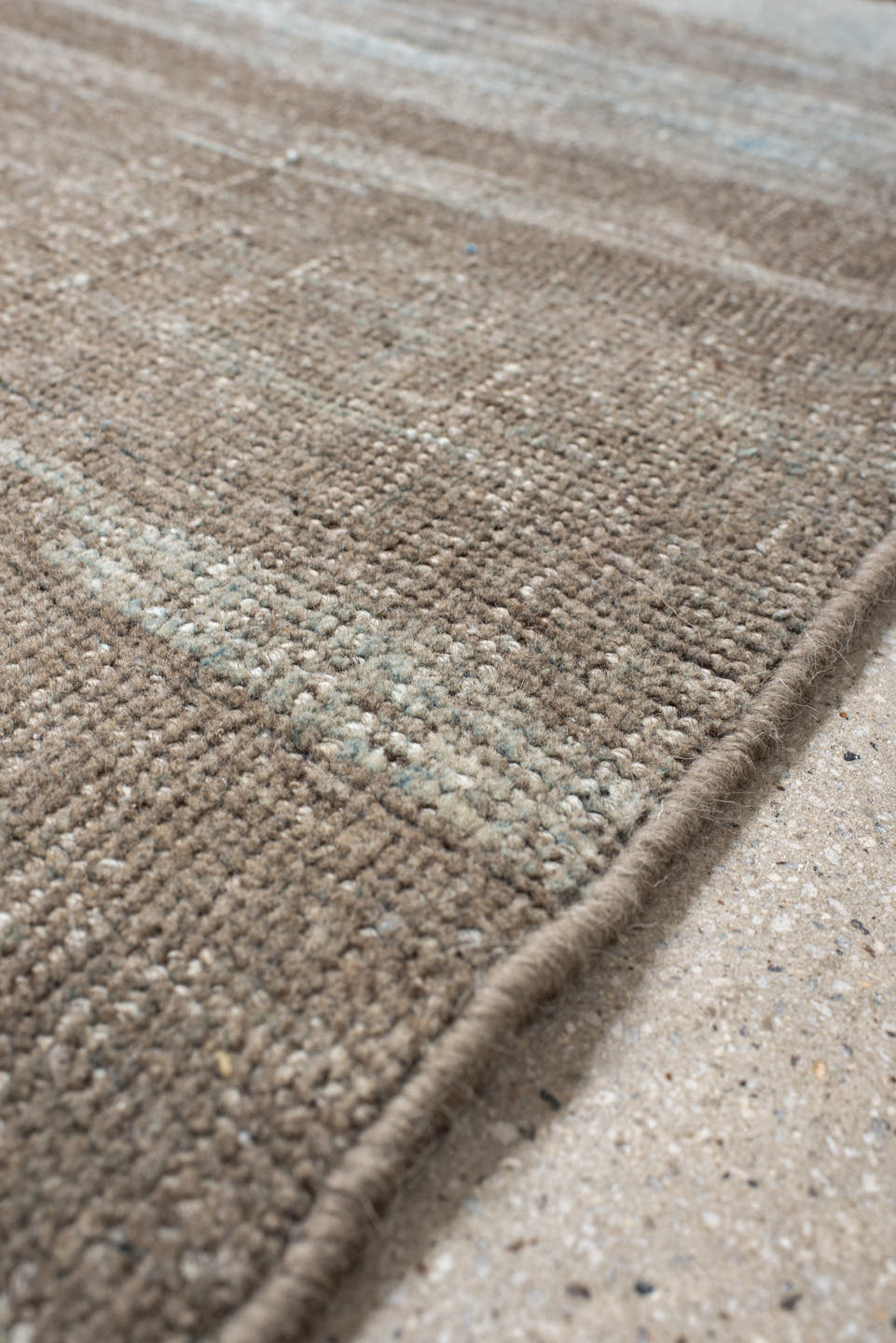 4' x 5' one-of-a-kind handmade antique Gabbe small size rug. Color palette: taupe, sky blue, charcoal, rust, ivory, camel