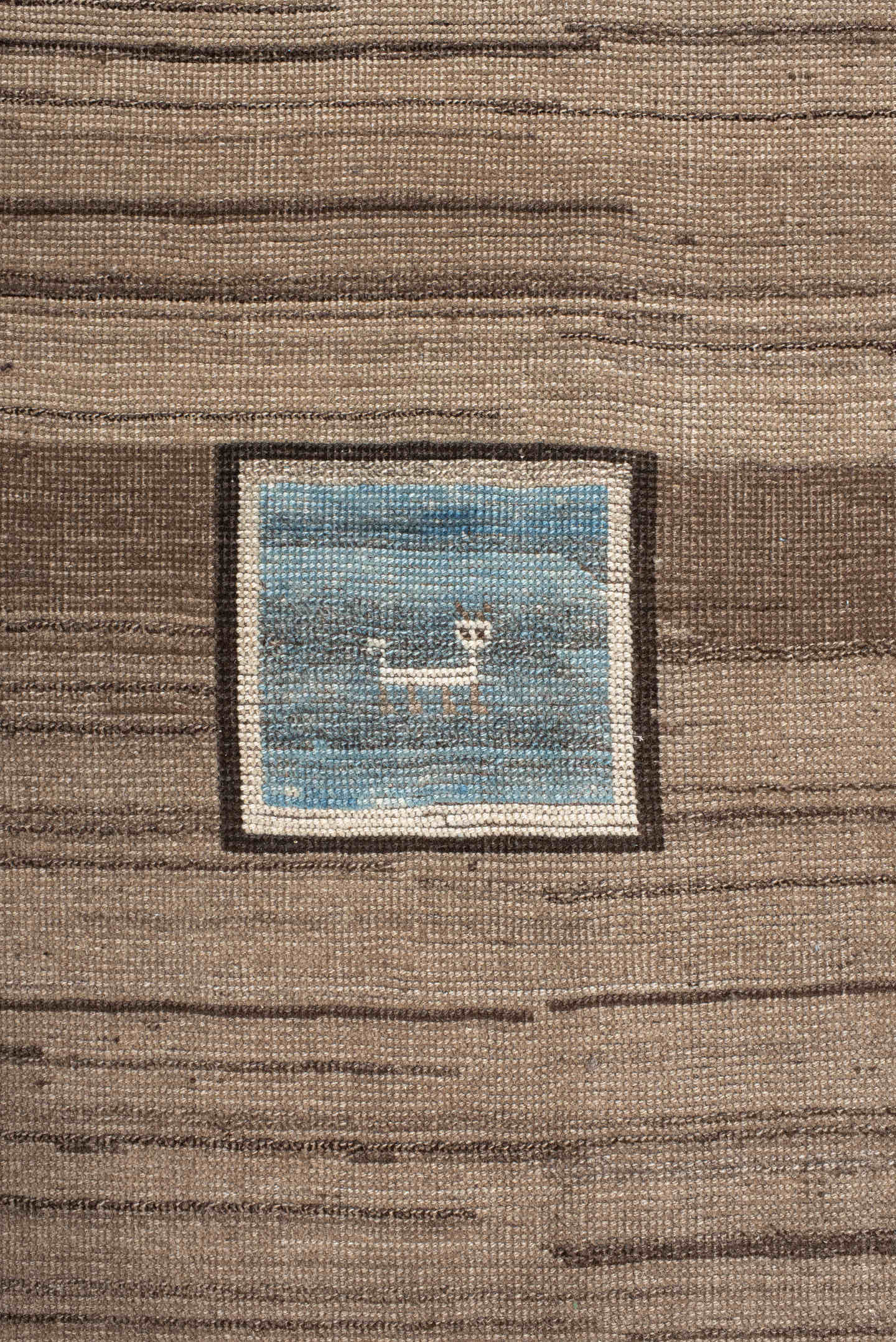 7' x 11' one-of-a-kind handmade vintage Gabbe large size rug. Color palette: taupe, ivory, sky blue, brown, charcoal, beige