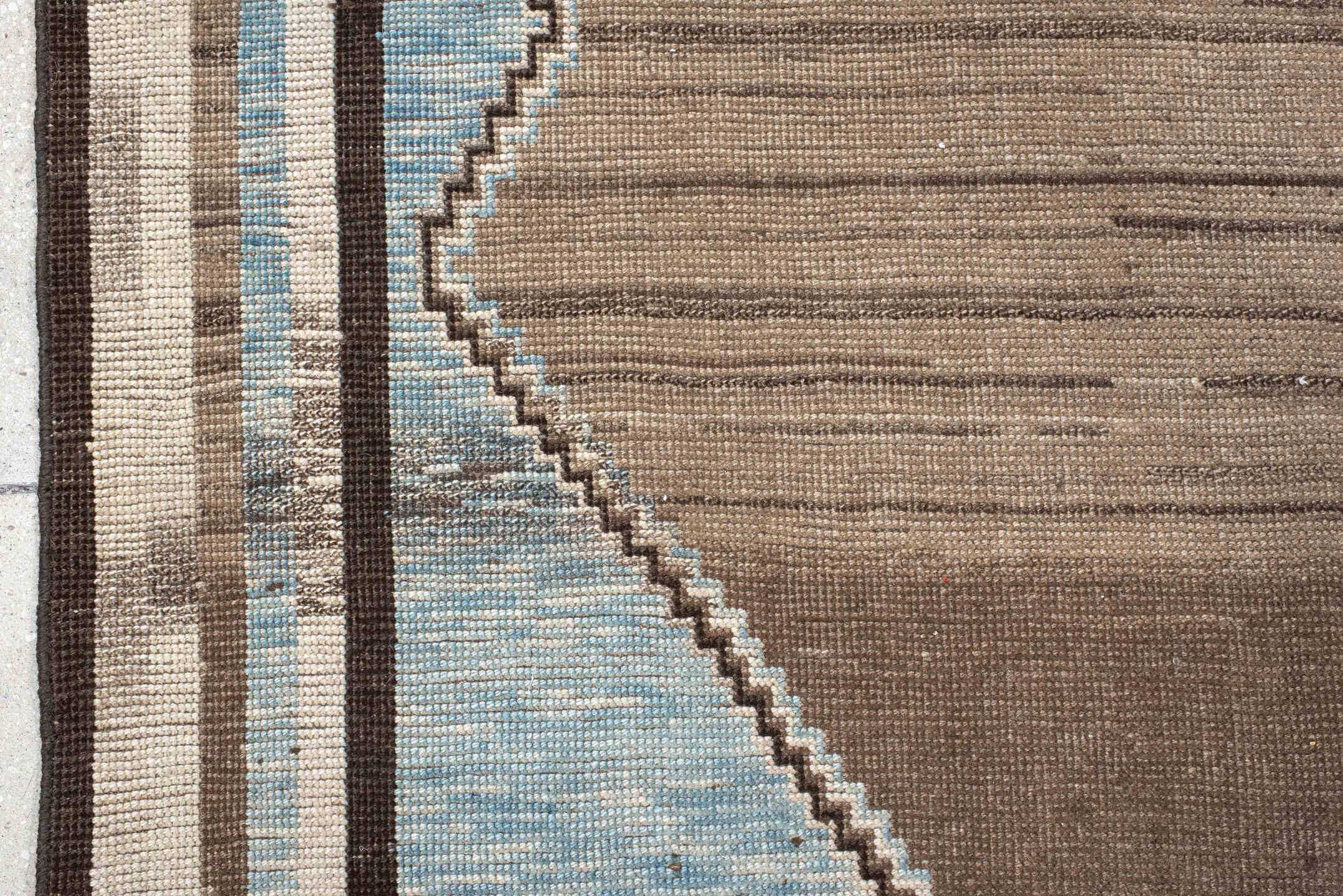 7' x 11' one-of-a-kind handmade vintage Gabbe large size rug. Color palette: taupe, ivory, sky blue, brown, charcoal, beige