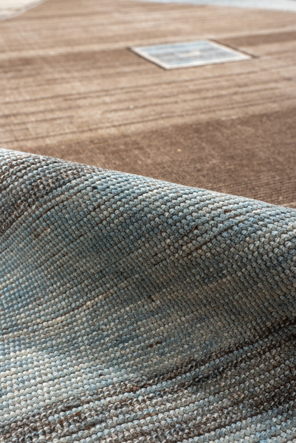 7' x 11' one-of-a-kind handmade vintage Gabbe large size rug. Color palette: taupe, ivory, sky blue, brown, charcoal, beige