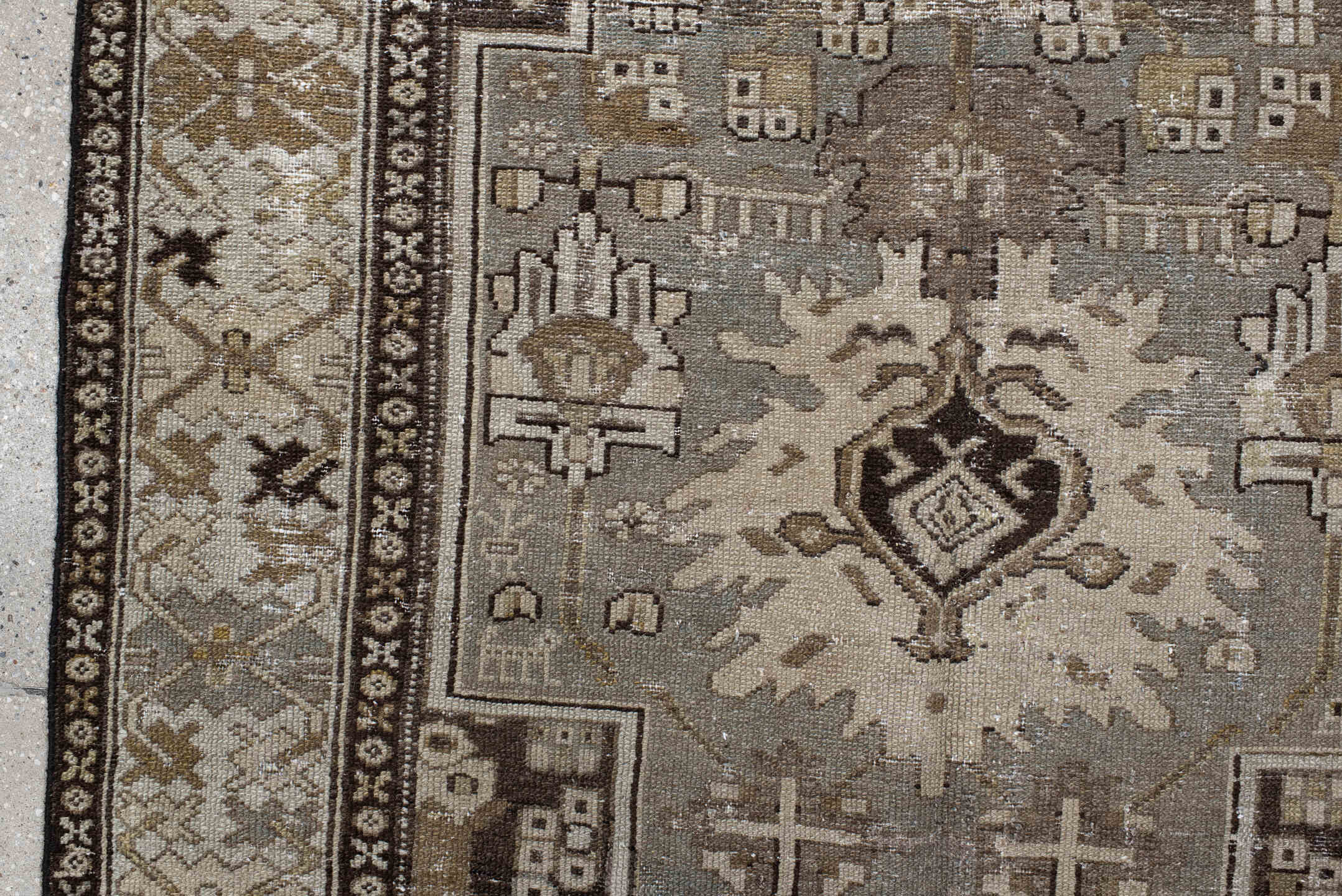 3' x 6' one-of-a-kind handmade vintage Hamadan small size rug. Color palette: ivory, taupe, charcoal, brown, sage, camel