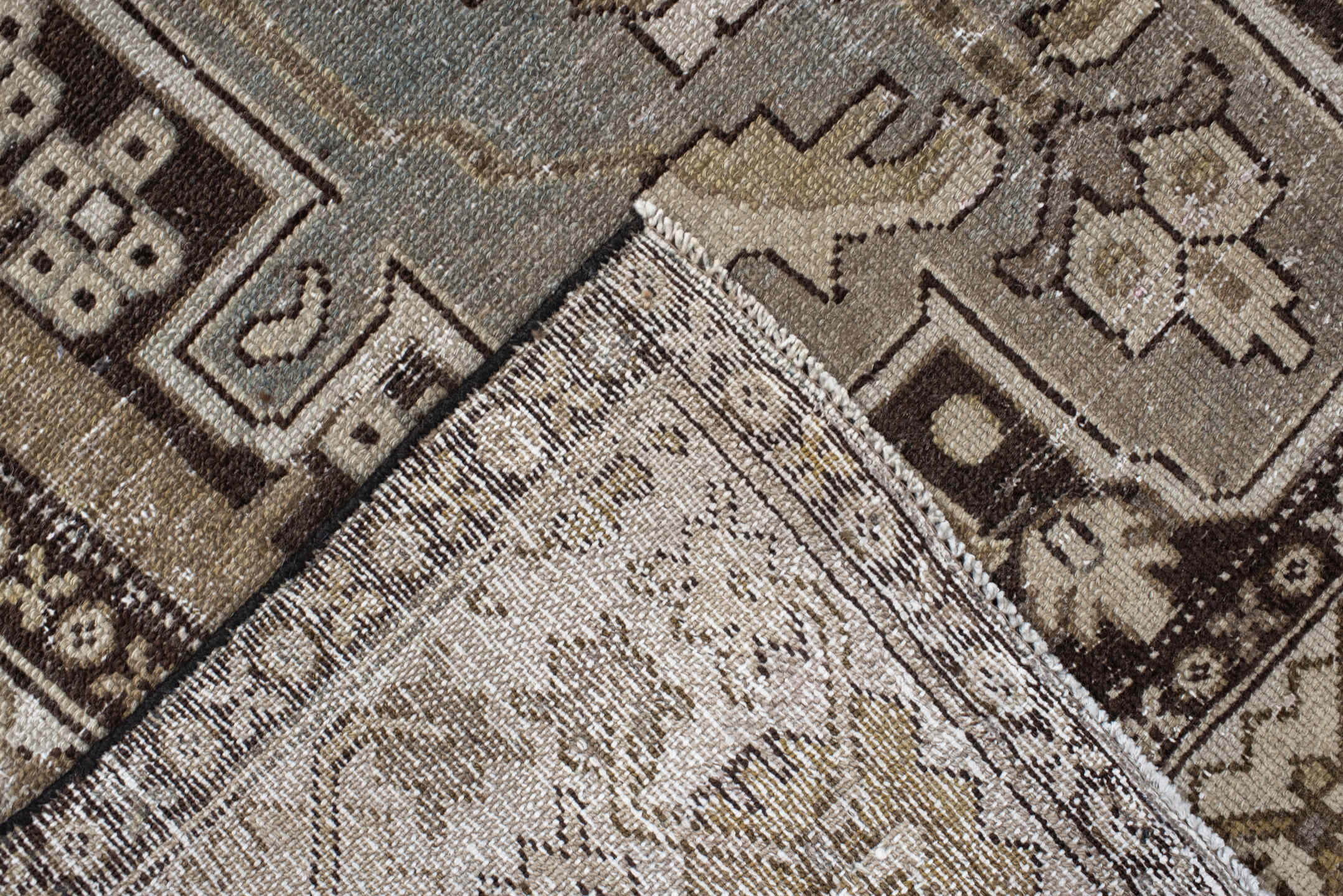 3' x 6' one-of-a-kind handmade vintage Hamadan small size rug. Color palette: ivory, taupe, charcoal, brown, sage, camel