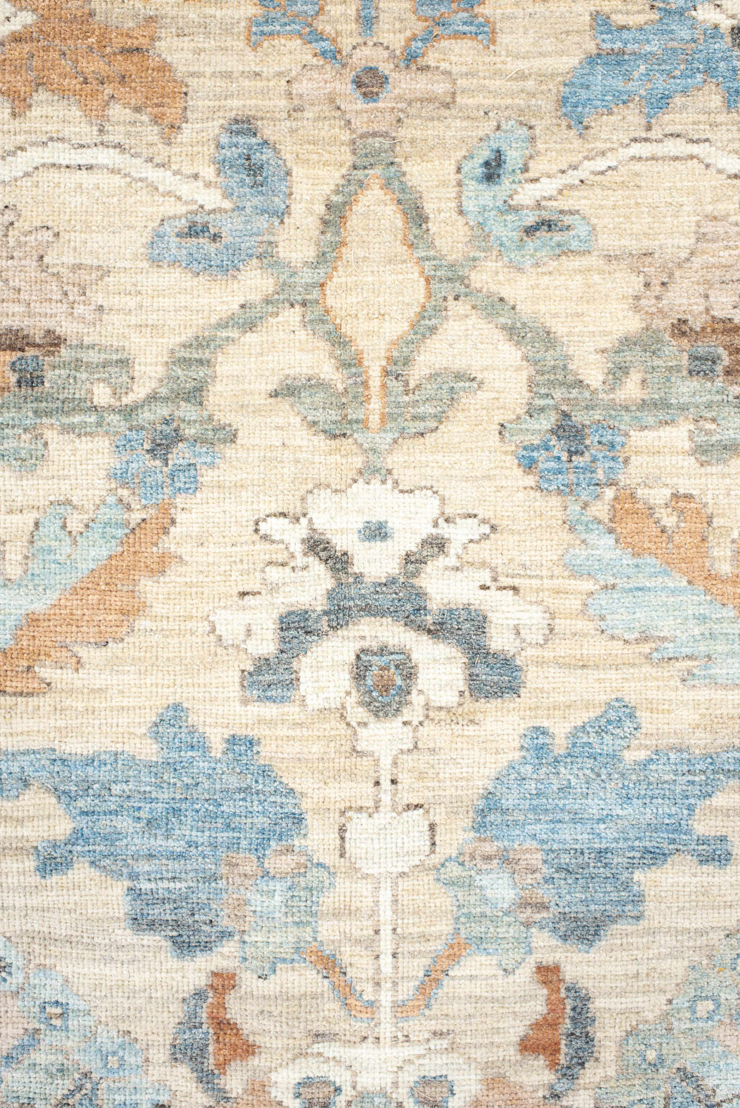 11' x 15' one-of-a-kind handmade vintage Sultanabad oversize rug. Color palette: ivory, pale blue, taupe, peach, beige, sage