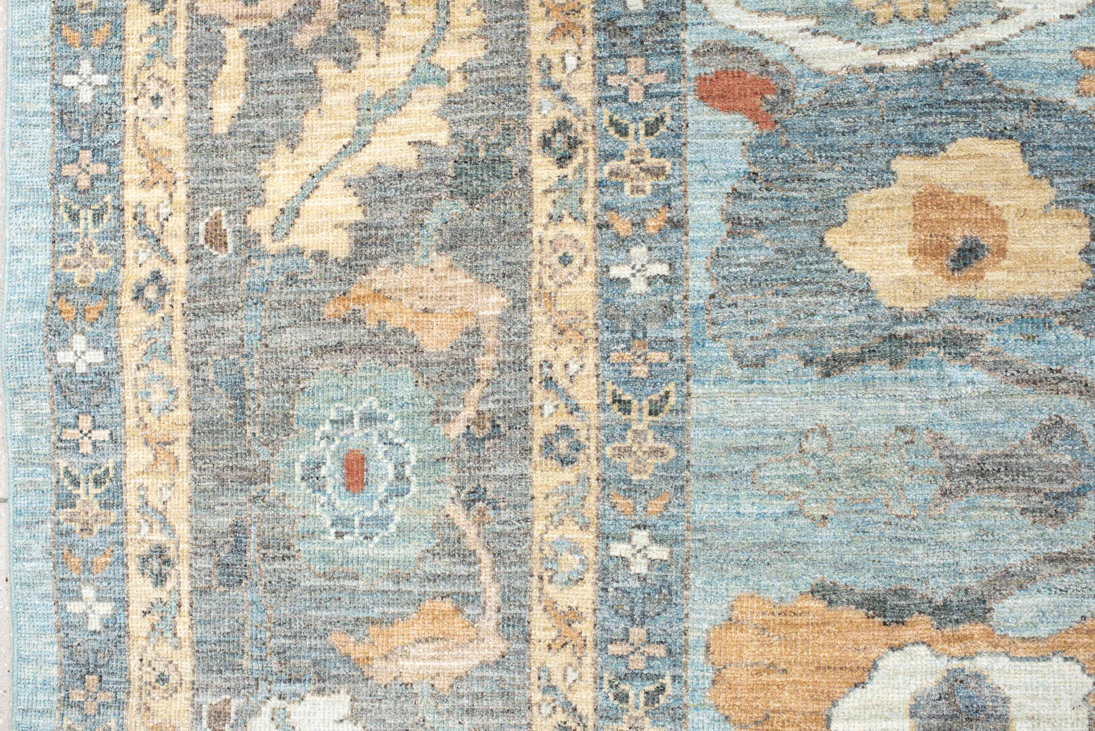 11' x 15' one-of-a-kind handmade vintage Sultanabad oversize rug. Color palette: light blue, gray, ivory, peach, taupe, rust
