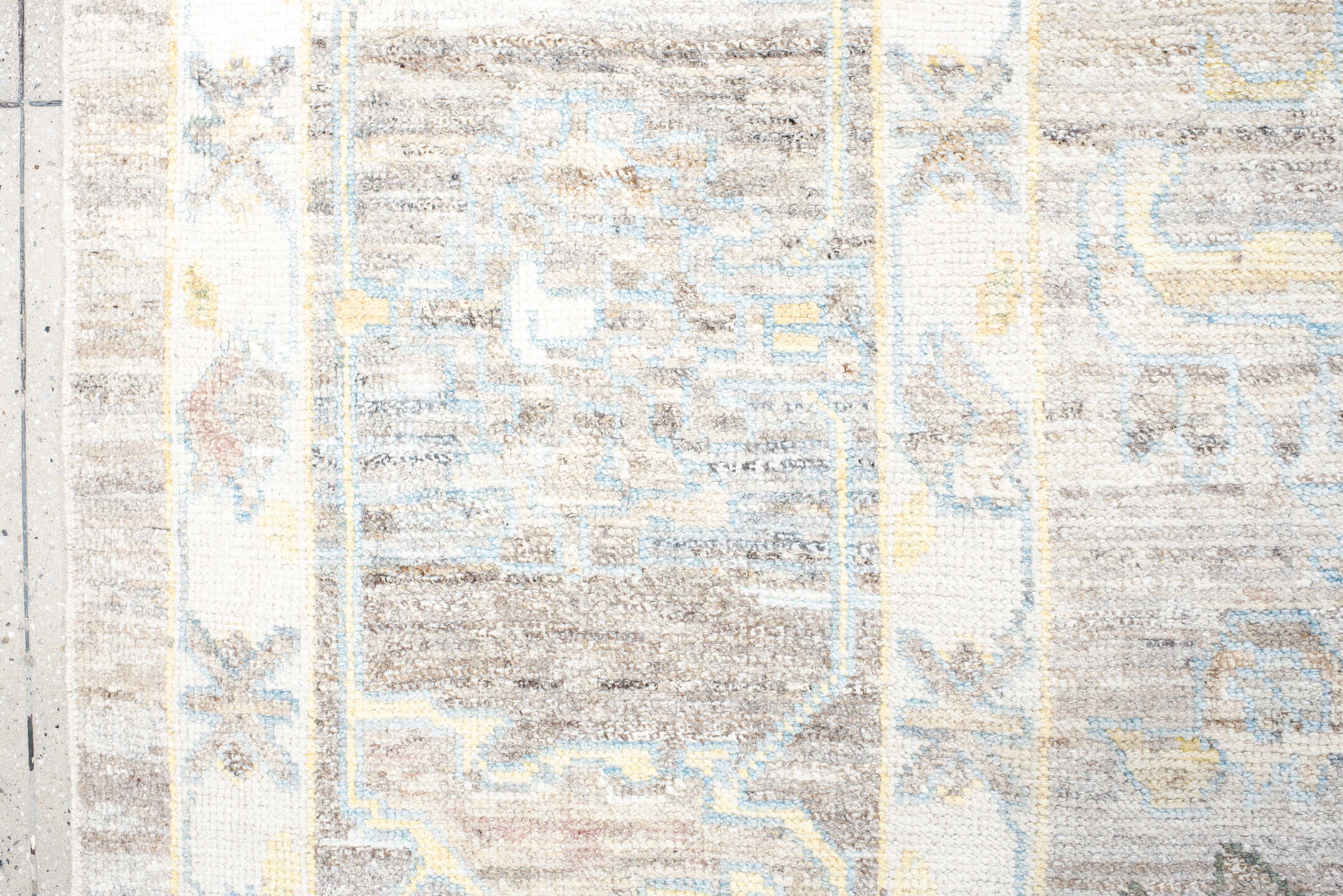 13' x 19' one-of-a-kind handmade vintage Oushak oversize rug. Color palette: taupe, ivory, light_blue, sage, gold, gray