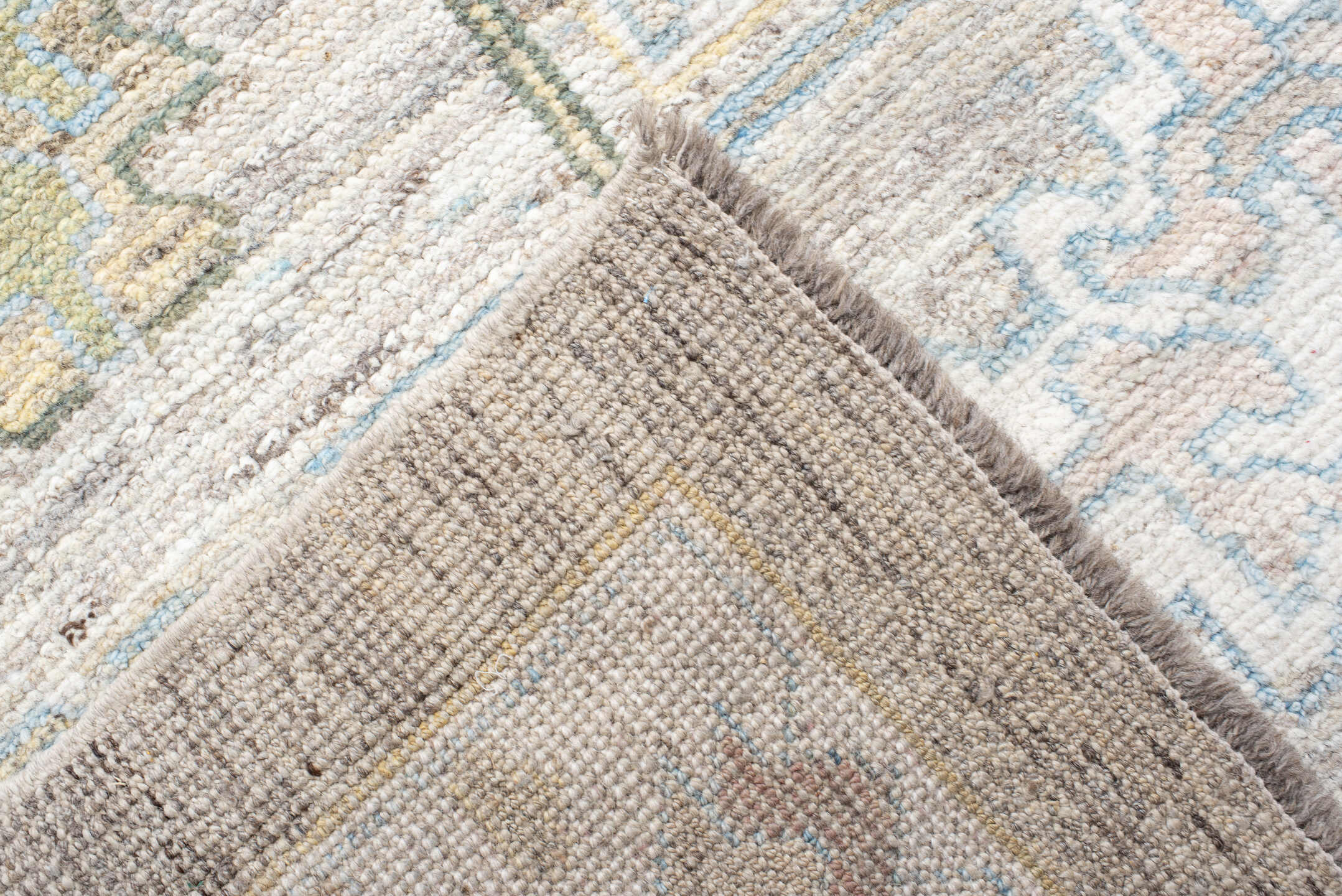13' x 19' one-of-a-kind handmade vintage Oushak oversize rug. Color palette: taupe, ivory, light_blue, sage, gold, gray