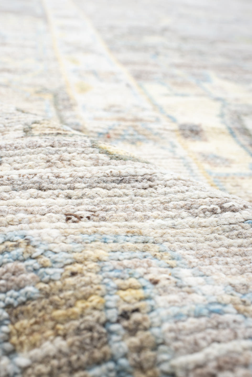 13' x 19' one-of-a-kind handmade vintage Oushak oversize rug. Color palette: taupe, ivory, light_blue, sage, gold, gray