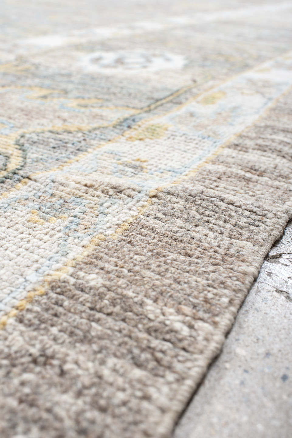 13' x 19' one-of-a-kind handmade vintage Oushak oversize rug. Color palette: taupe, ivory, light_blue, sage, gold, gray