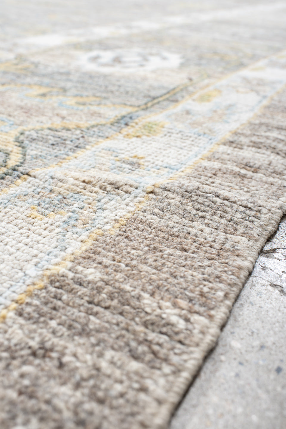 13' x 19' one-of-a-kind handmade vintage Oushak oversize rug. Color palette: taupe, ivory, light_blue, sage, gold, gray