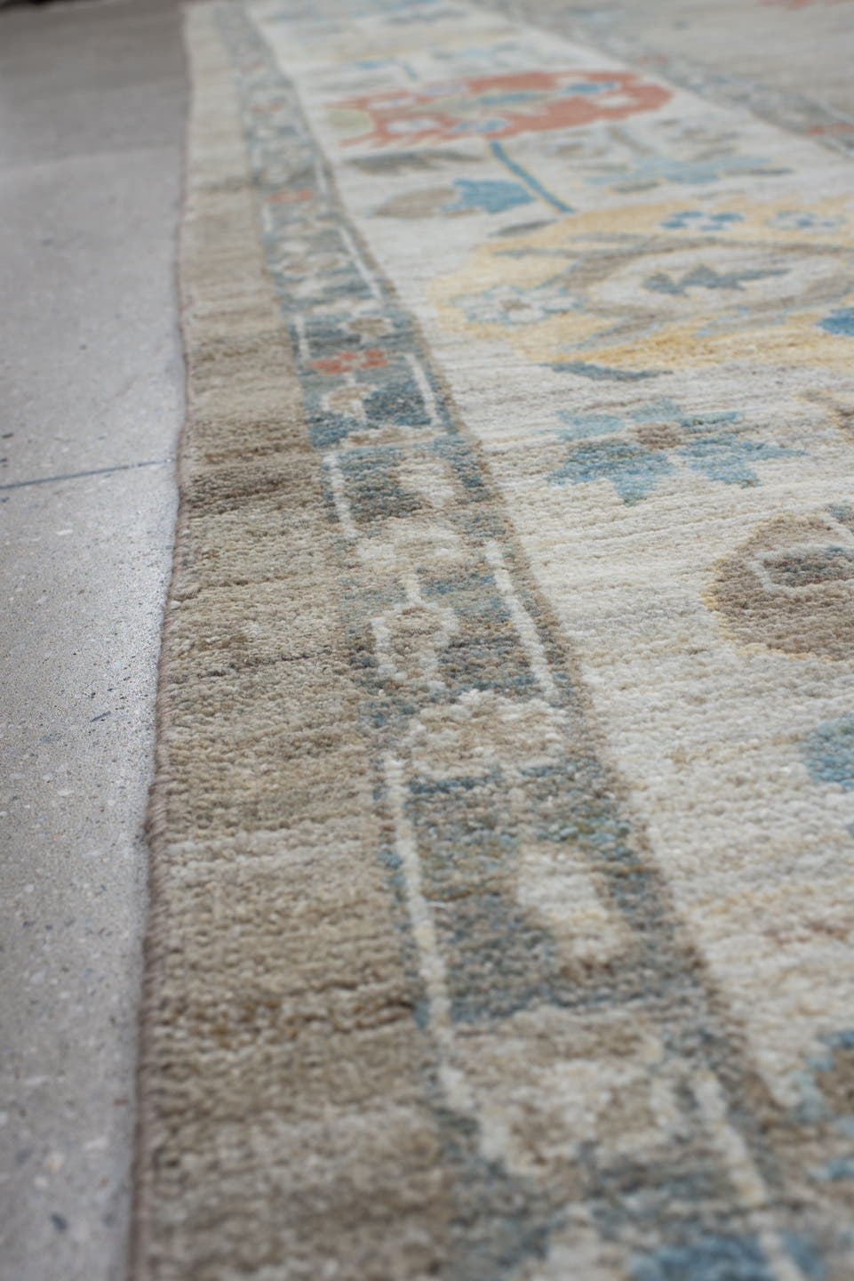 10' x 12' one-of-a-kind handmade vintage Oushak large size rug. Color palette: taupe, ivory, sky blue, sage, coral, gold