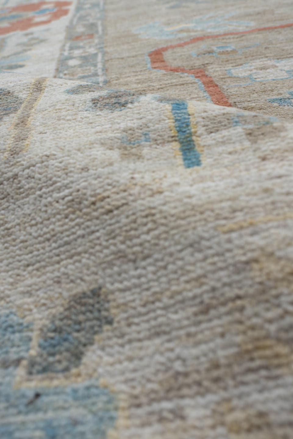 10' x 12' one-of-a-kind handmade vintage Oushak large size rug. Color palette: taupe, ivory, sky blue, sage, coral, gold