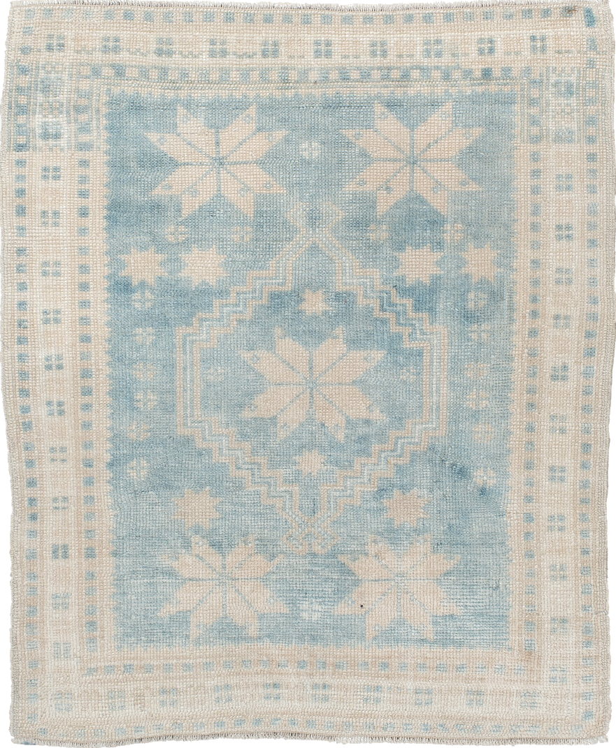 2' x 2' one-of-a-kind handmade vintage Anatolian small size rug. Color palette: blue, dark gray, gray, light blue
