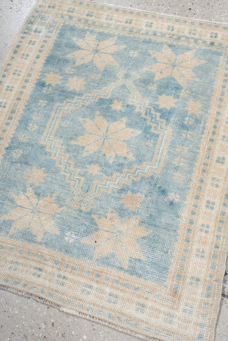 2' x 2' one-of-a-kind handmade vintage Anatol small size rug. Color palette: blue, dark gray, gray, light blue, light gray