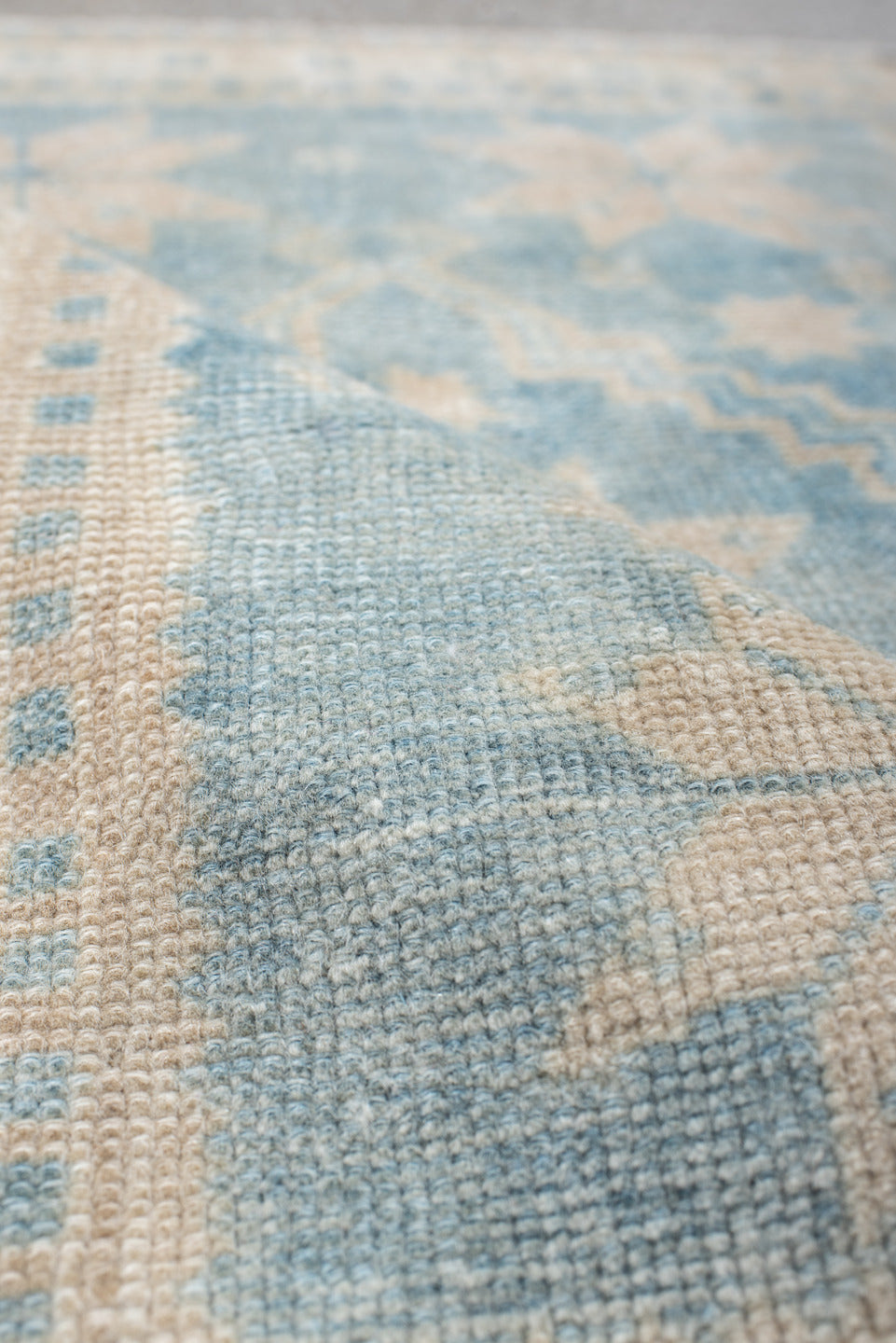 2' x 2' one-of-a-kind handmade vintage Anatol small size rug. Color palette: blue, dark gray, gray, light blue, light gray