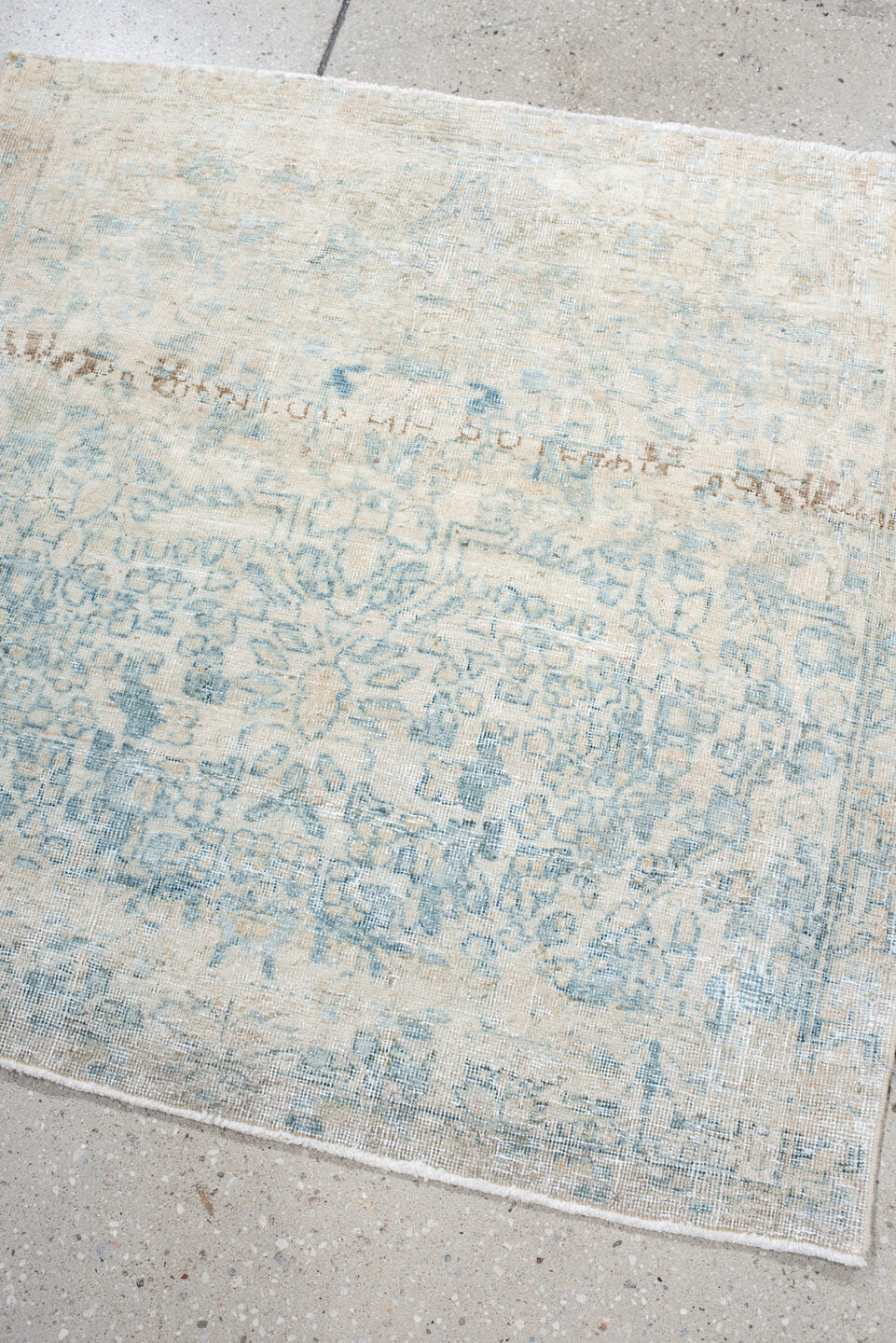 3' x 3' one-of-a-kind handmade antique Sarouk small size rug. Color palette: ivory, pale blue, taupe, cream, beige