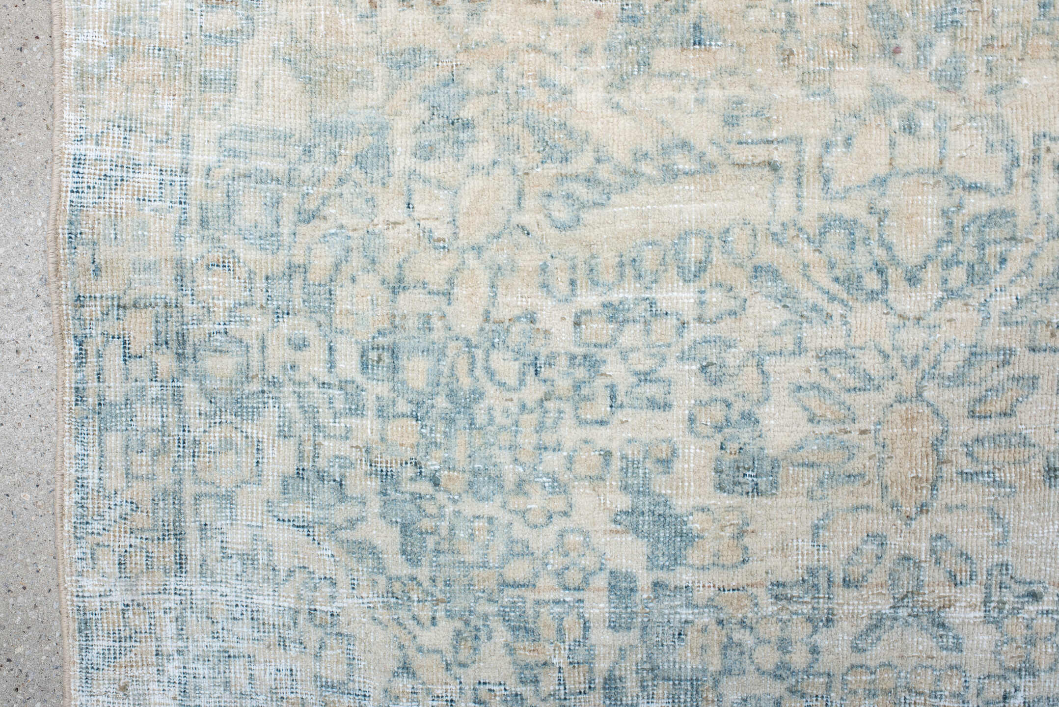 3' x 3' one-of-a-kind handmade antique Sarouk small size rug. Color palette: ivory, pale blue, taupe, cream, beige