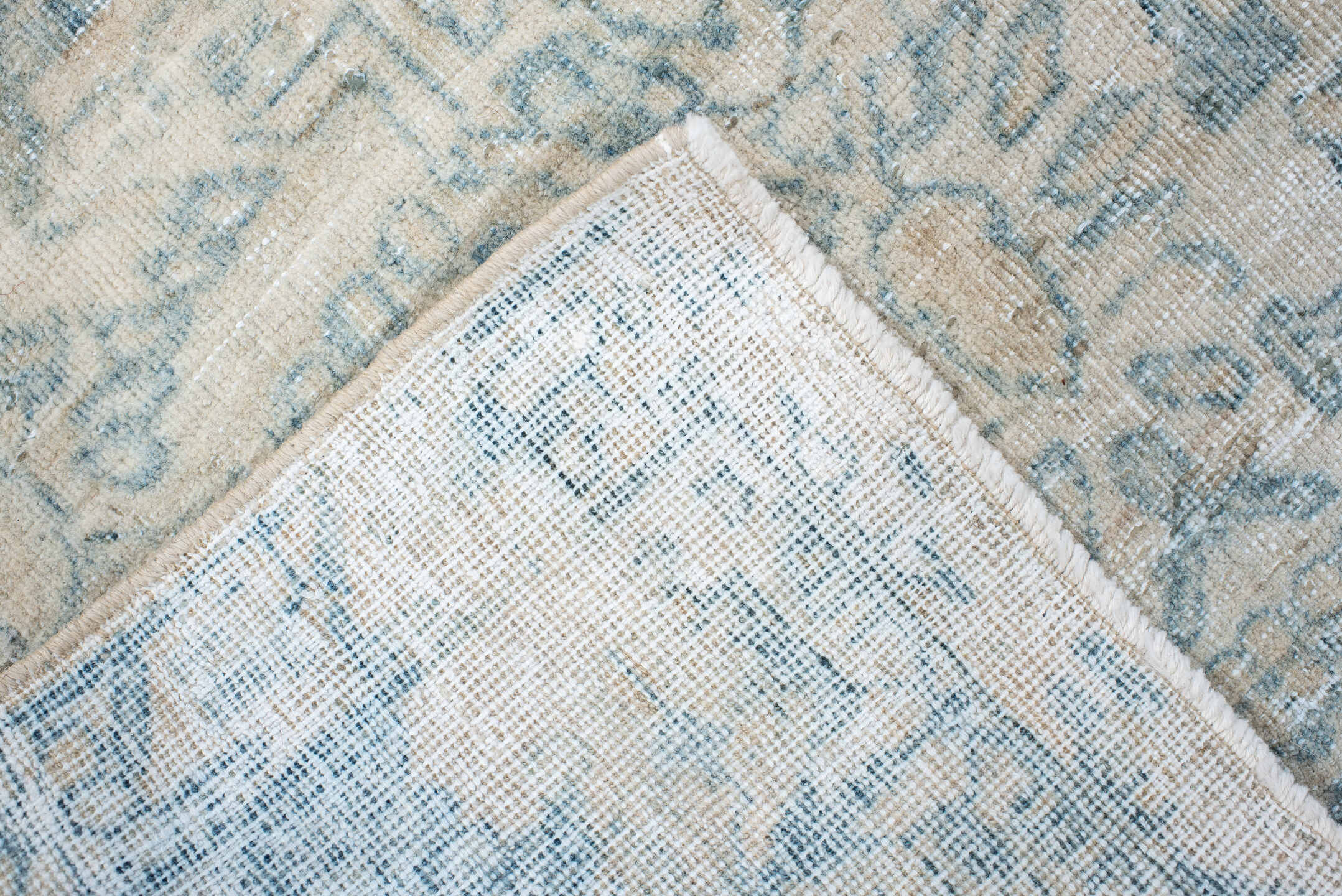 3' x 3' one-of-a-kind handmade antique Sarouk small size rug. Color palette: ivory, pale blue, taupe, cream, beige