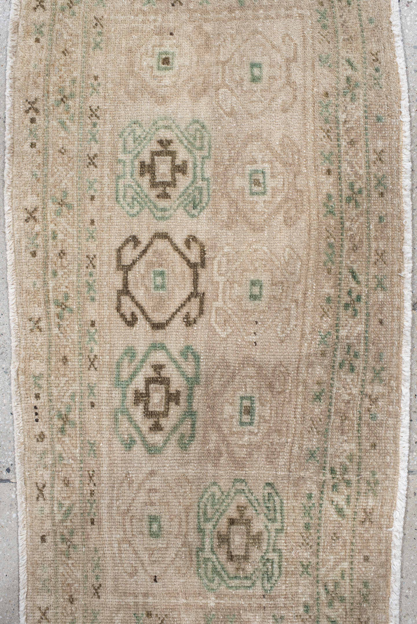 1' x 3' one-of-a-kind handmade antique Sarab small size rug. Color palette: ivory, taupe, sage, brown, cream, beige, gray