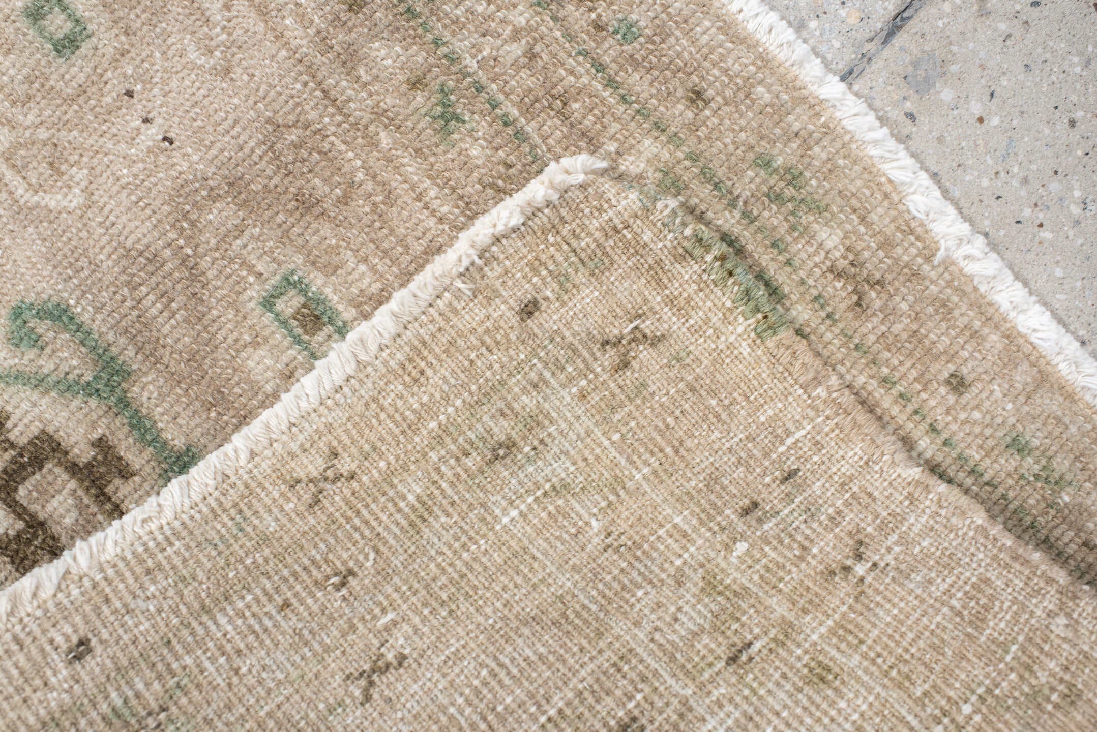 1' x 3' one-of-a-kind handmade antique Sarab small size rug. Color palette: ivory, taupe, sage, brown, cream, beige, gray