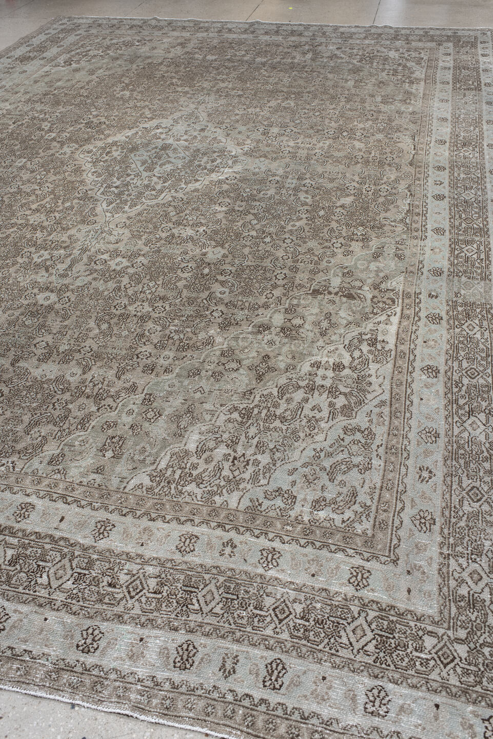 10' x 16' one-of-a-kind handmade vintage Bibikabad rug. Color palette: taupe, ivory, beige, brown, greige, camel, gray