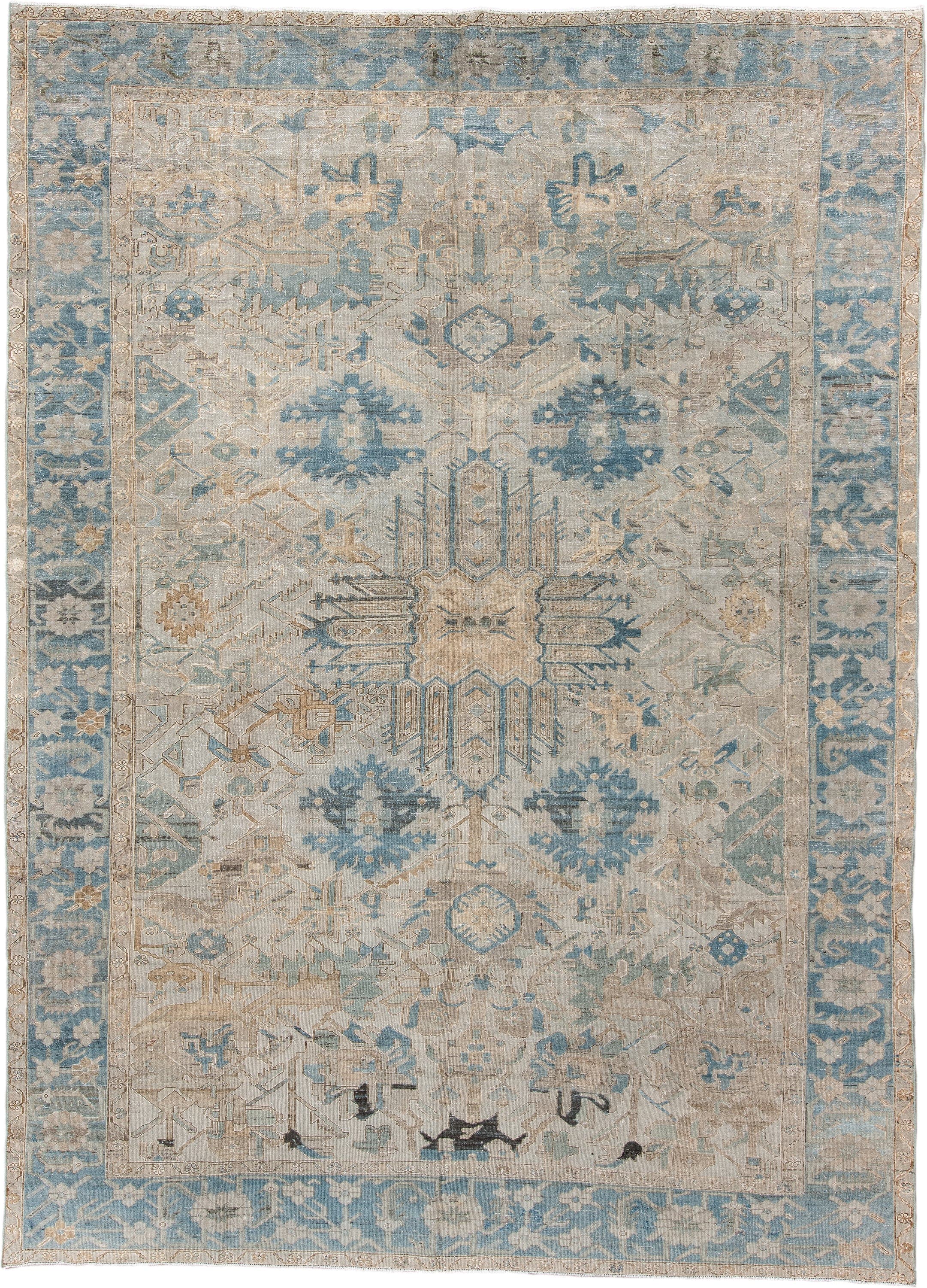 9' x 12' one-of-a-kind handmade vintage Baktiary large size rug. Color palette: ivory, pale blue, taupe, beige, slate, cream