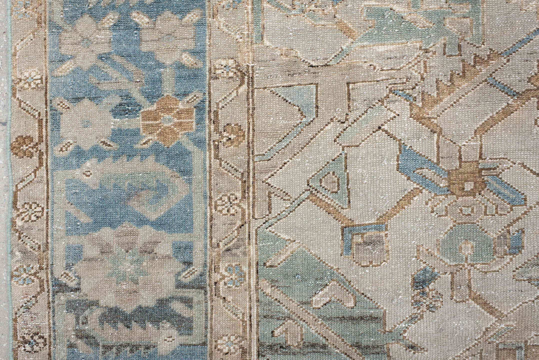 9' x 12' one-of-a-kind handmade vintage Baktiary large size rug. Color palette: ivory, pale blue, taupe, beige, slate, cream
