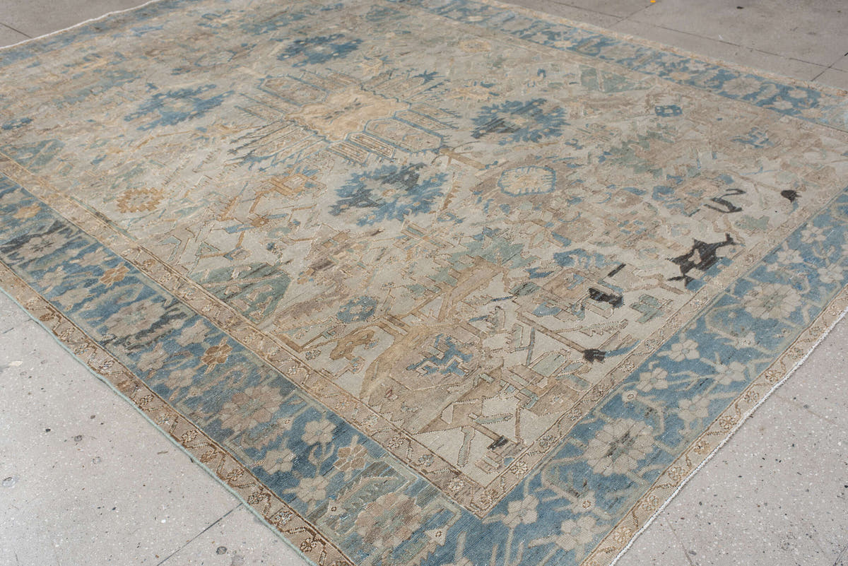 9' x 12' one-of-a-kind handmade vintage Baktiary large size rug. Color palette: ivory, pale blue, taupe, beige, slate, cream
