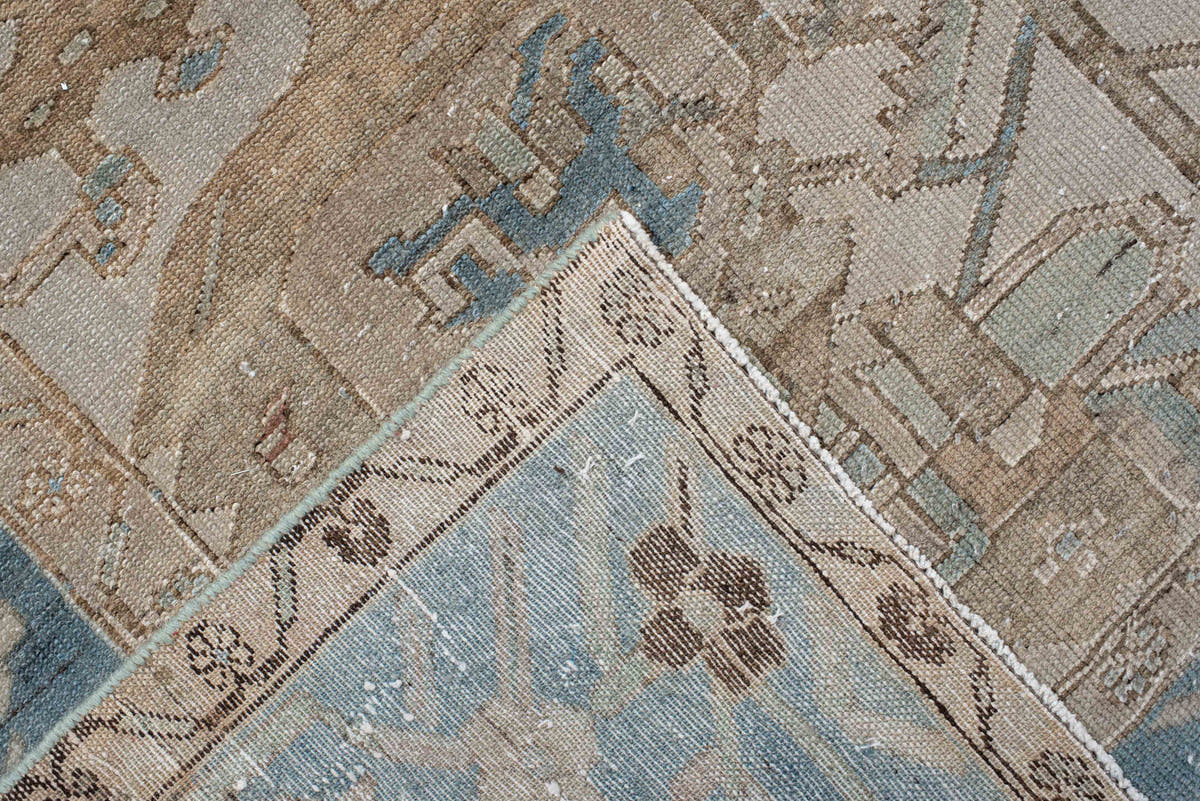 9' x 12' one-of-a-kind handmade vintage Baktiary large size rug. Color palette: ivory, pale blue, taupe, beige, slate, cream