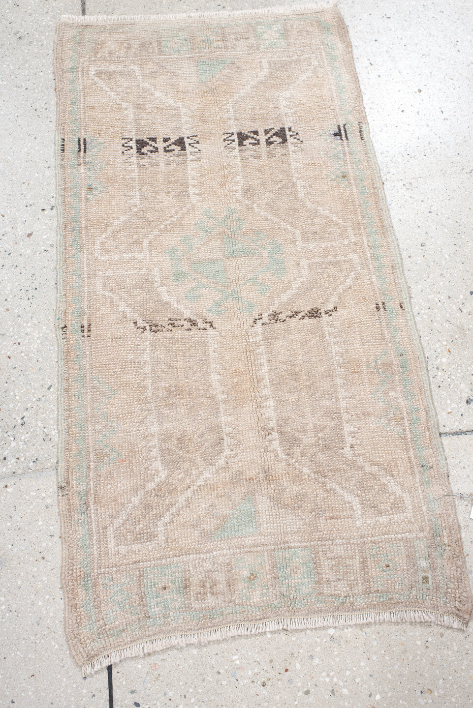 1' x 3' one-of-a-kind handmade vintage Anatolian small size rug. Color palette: ivory, beige, celadon, taupe, charcoal, gray