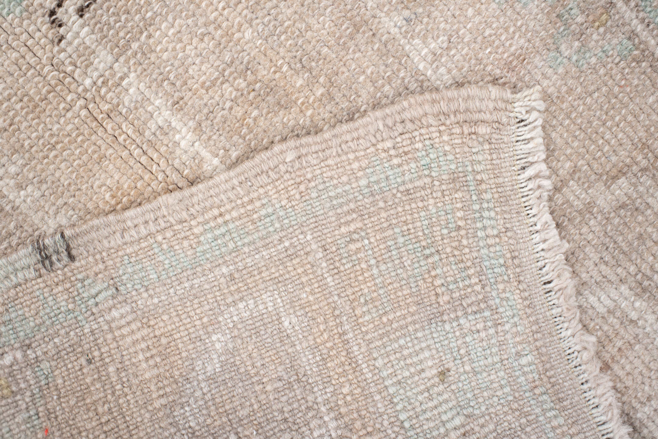 1' x 3' one-of-a-kind handmade vintage Anatolian small size rug. Color palette: ivory, beige, celadon, taupe, charcoal, gray