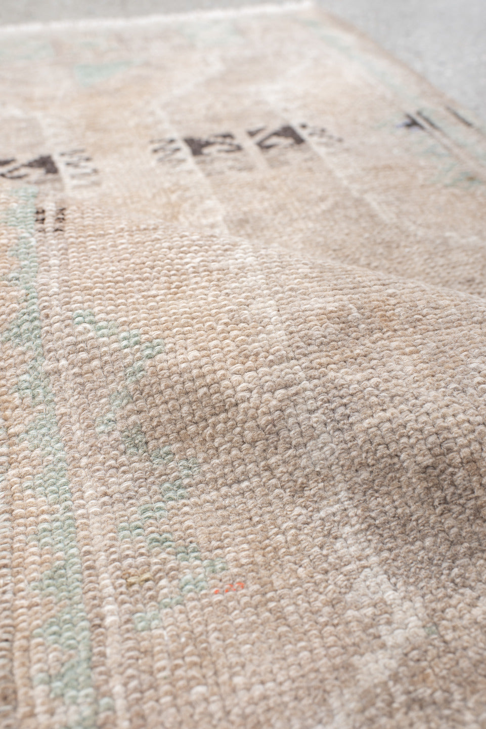 1' x 3' one-of-a-kind handmade vintage Anatolian small size rug. Color palette: ivory, beige, celadon, taupe, charcoal, gray