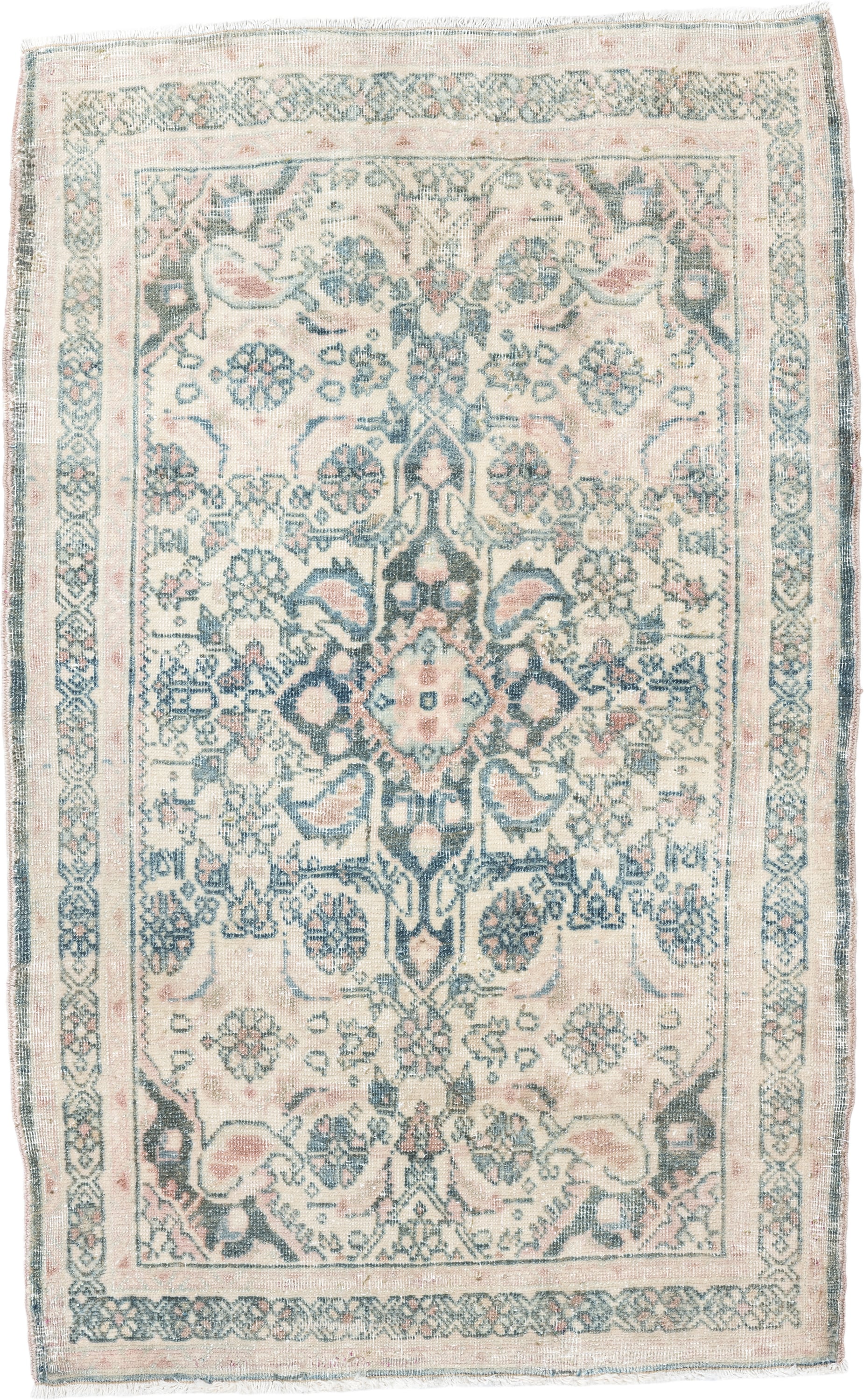 2' x 3' one-of-a-kind handmade vintage Bidjar small size rug. Color palette: ivory, pale blue, blush, sage, taupe