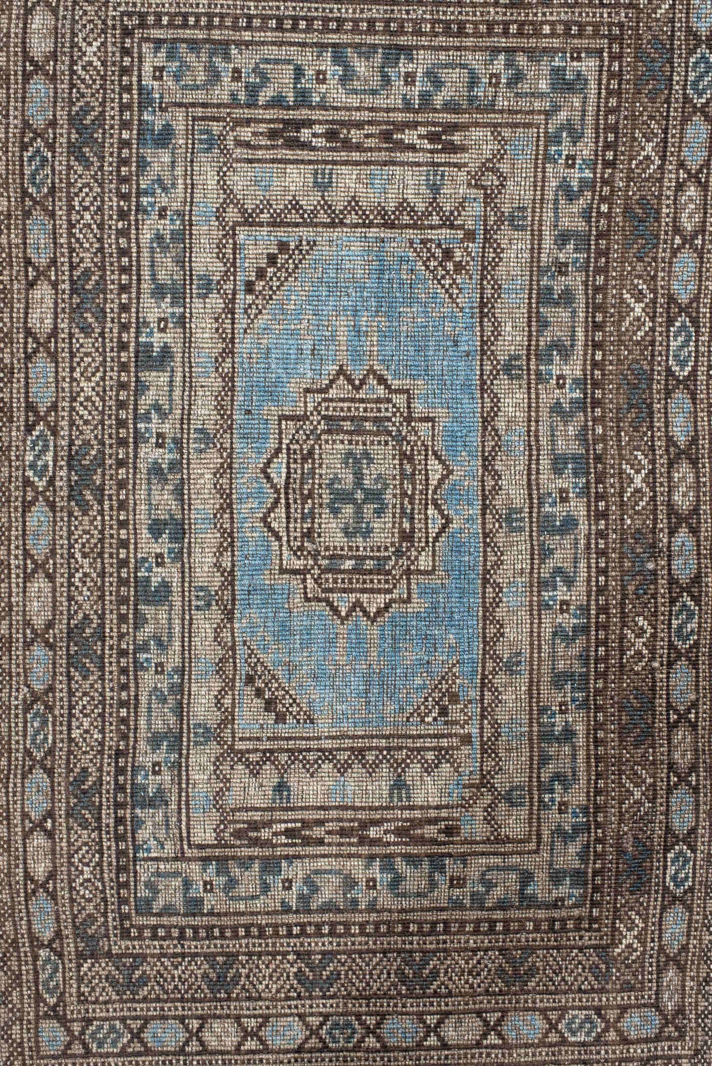 2' x 16' one-of-a-kind handmade vintage Bokara runner rug. Color palette: ivory, brown, sky blue, charcoal, taupe