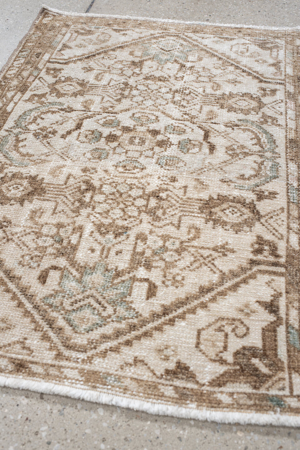 2' x 2' one-of-a-kind handmade vintage Hamadan small size rug. Color palette: ivory, taupe, camel, aqua, beige, gray, teal