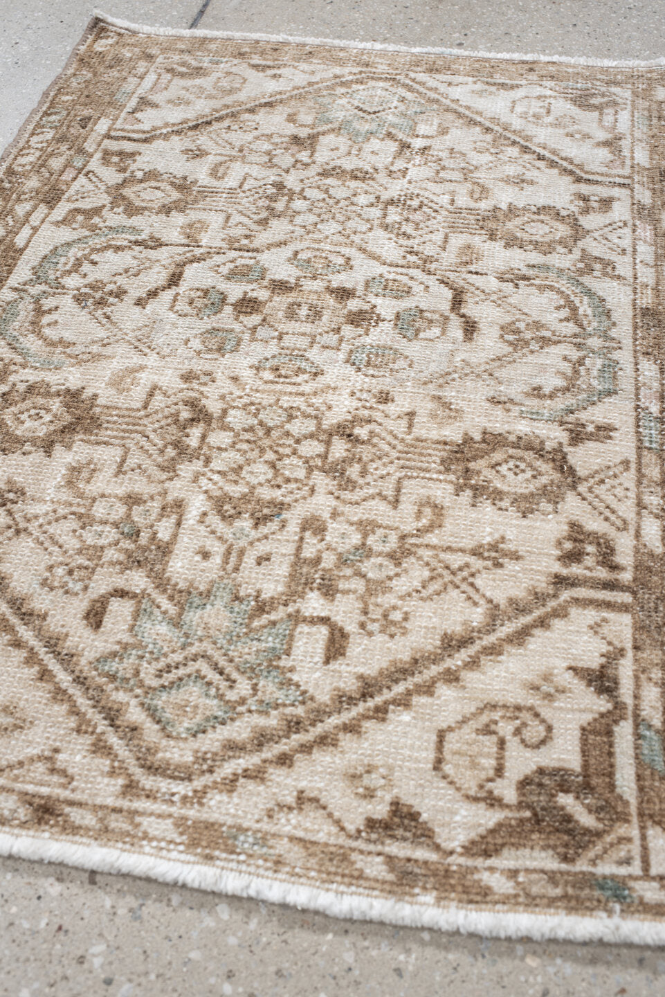 2' x 2' one-of-a-kind handmade vintage Hamadan small size rug. Color palette: ivory, taupe, camel, aqua, beige, gray, teal