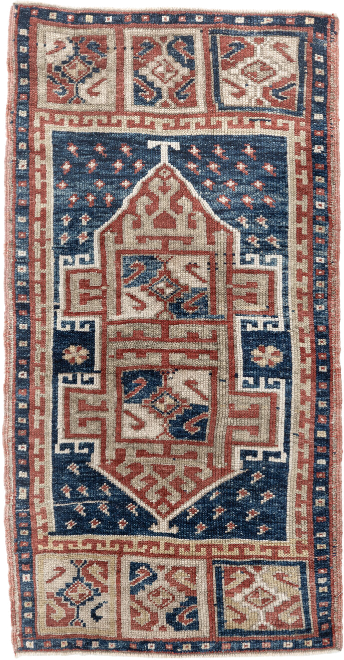 1' x 3' one-of-a-kind handmade vintage Anatolian small size rug. Color palette: navy, ivory, rust, brick, cream, blue