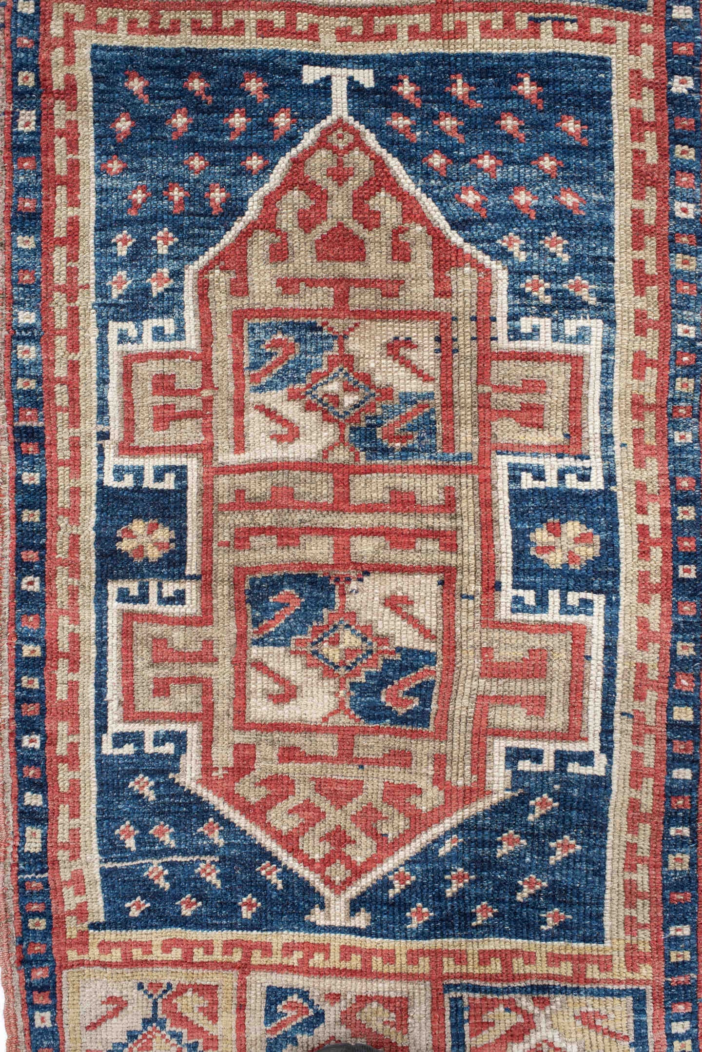 1' x 3' one-of-a-kind handmade vintage Anatolian small size rug. Color palette: navy, ivory, rust, brick, cream, blue