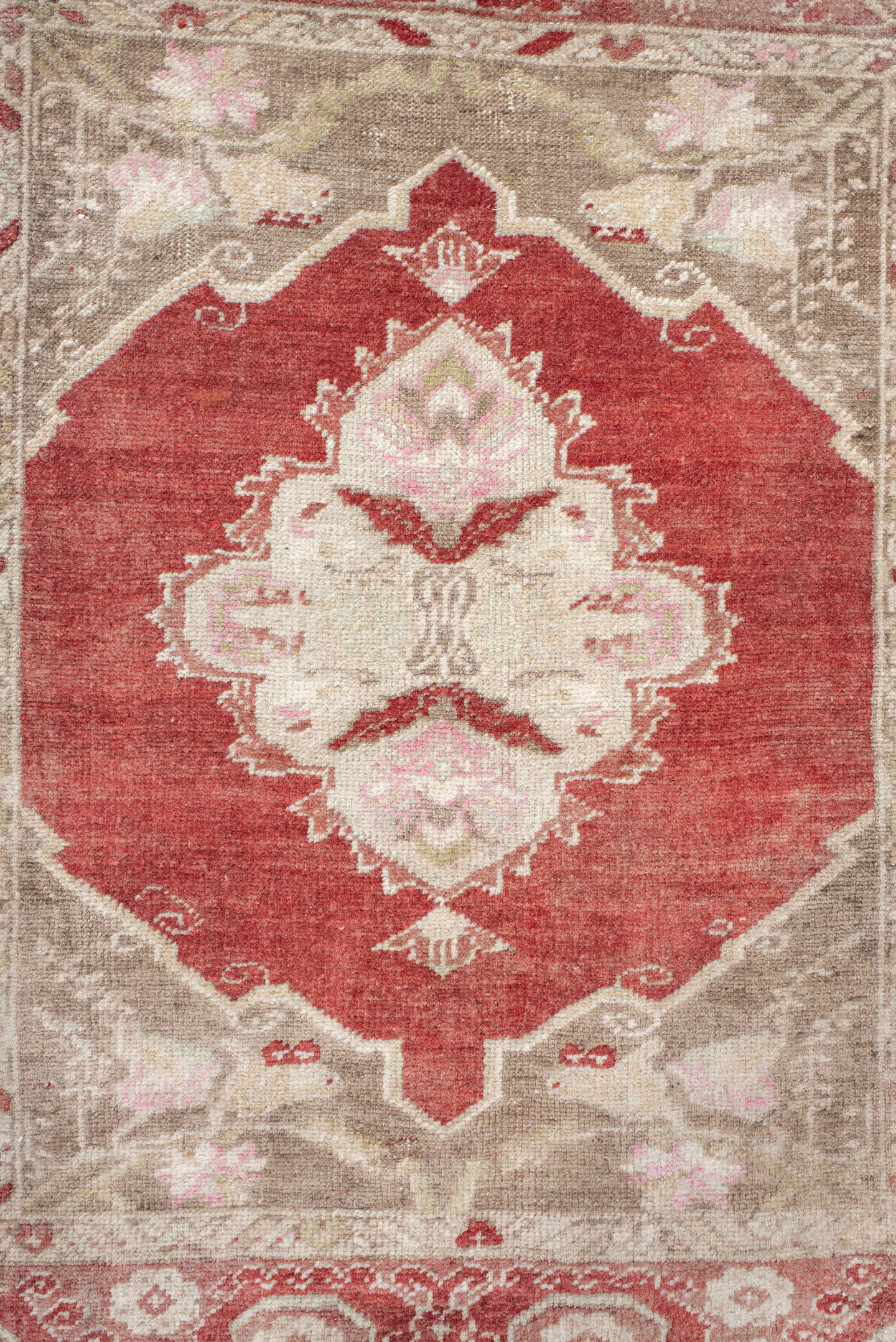 1' x 2' one-of-a-kind handmade vintage Anatolian small size rug. Color palette: terra cotta, taupe, ivory, blush, sage