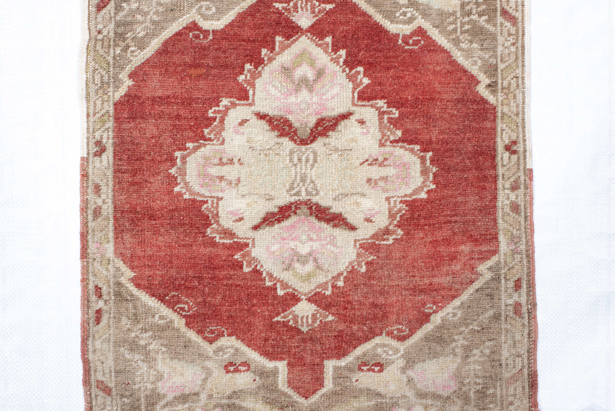 1' x 2' one-of-a-kind handmade vintage Anatolian small size rug. Color palette: terra cotta, taupe, ivory, blush, sage