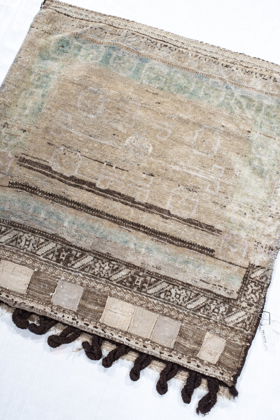 2' x 2' one-of-a-kind handmade vintage Belouch small size rug. Color palette: ivory, taupe, brown, sage, charcoal, cream