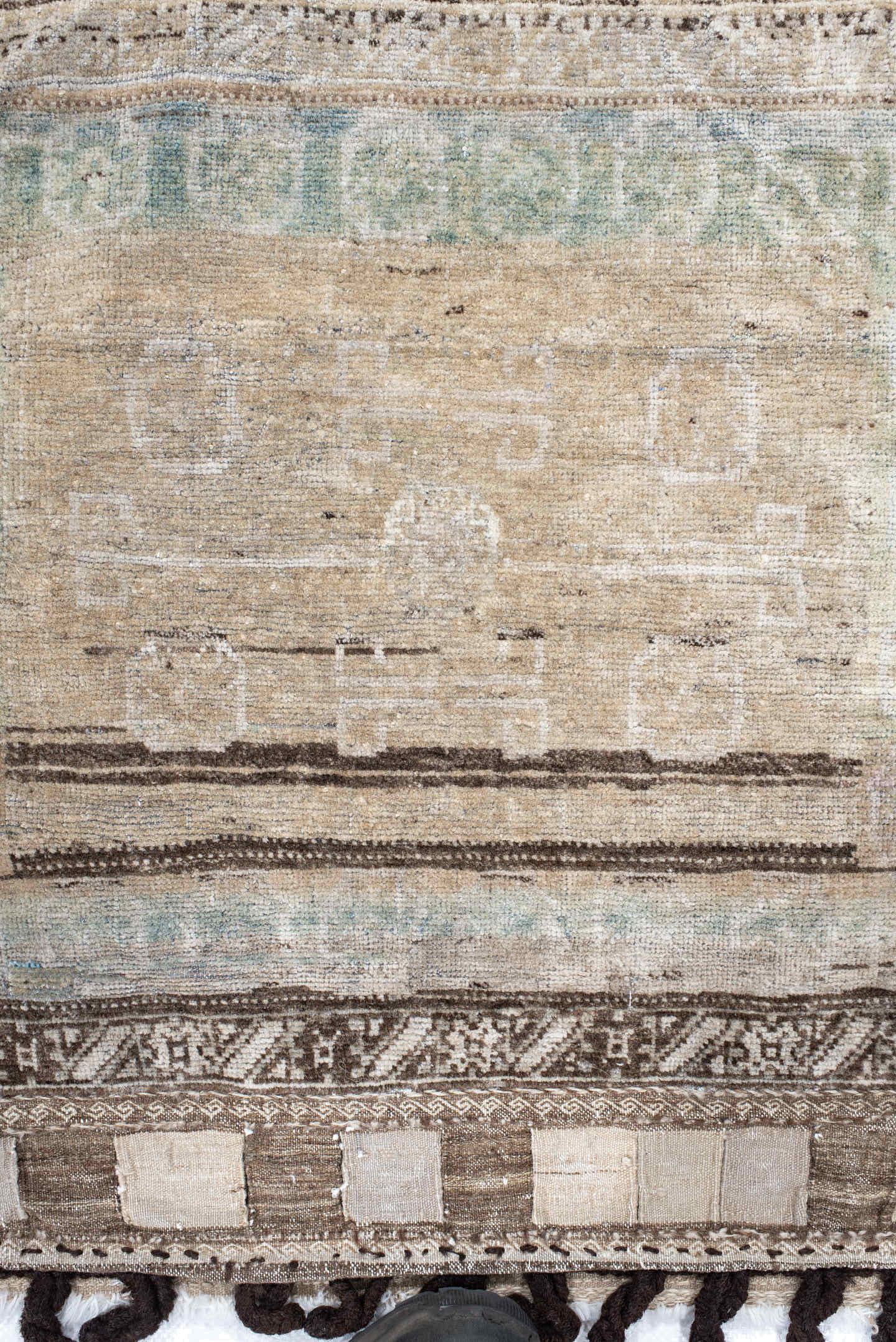 2' x 2' one-of-a-kind handmade vintage Belouch small size rug. Color palette: ivory, taupe, brown, sage, charcoal, cream