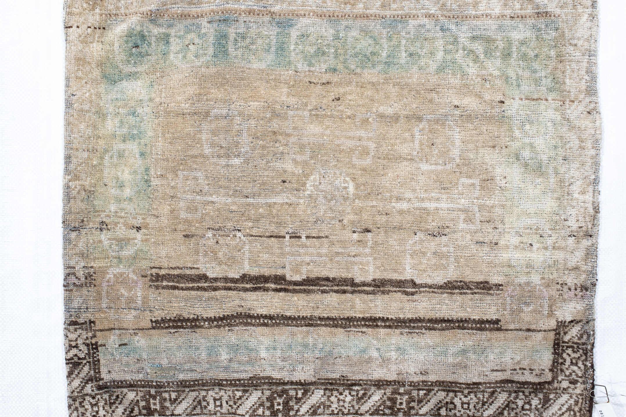 2' x 2' one-of-a-kind handmade vintage Belouch small size rug. Color palette: ivory, taupe, brown, sage, charcoal, cream