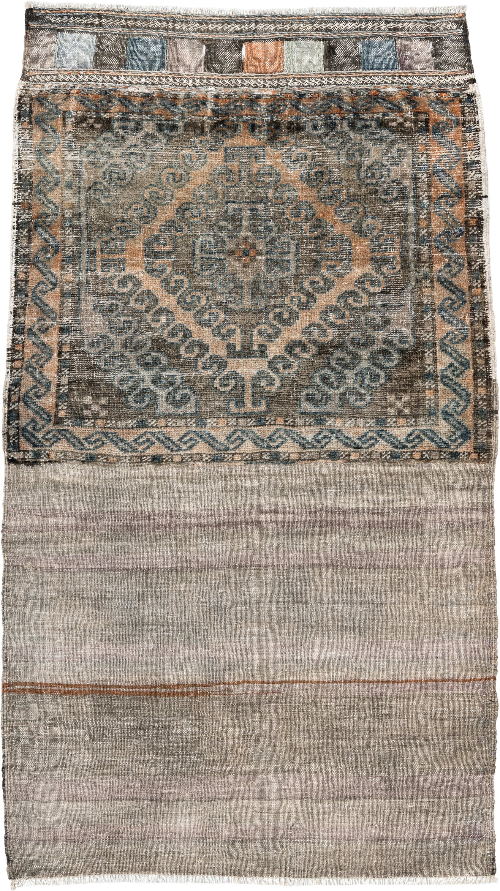 2' x 4' one-of-a-kind handmade vintage Belouch small size rug. Color palette: taupe, gray, slate, rust, ivory, charcoal