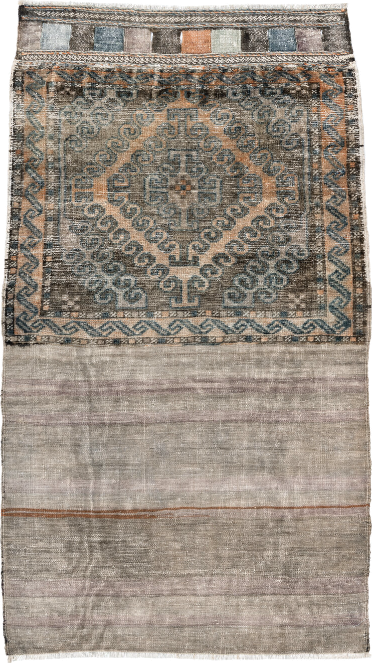 2' x 4' one-of-a-kind handmade vintage Belouch small size rug. Color palette: black, blue, brown, dark gray, dim gray, gray