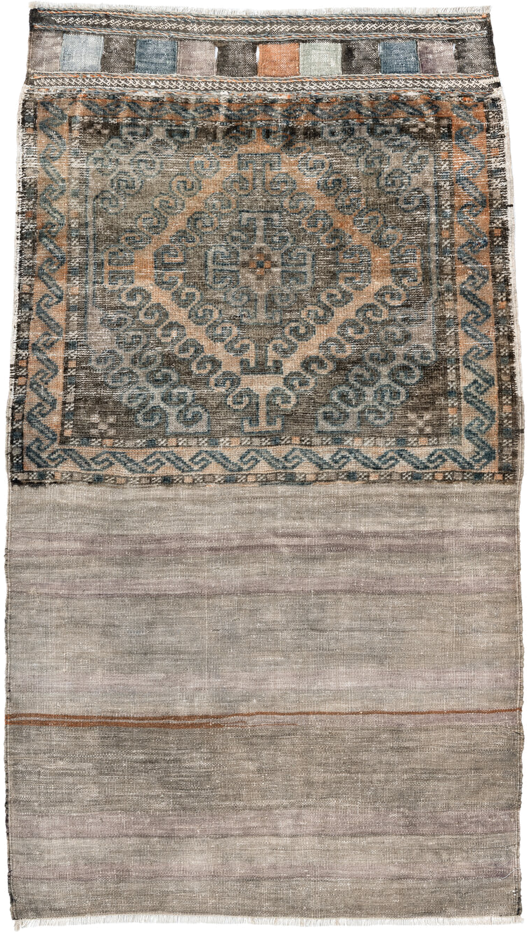 2' x 4' one-of-a-kind handmade vintage Belouch small size rug. Color palette: taupe, gray, slate, rust, ivory, charcoal