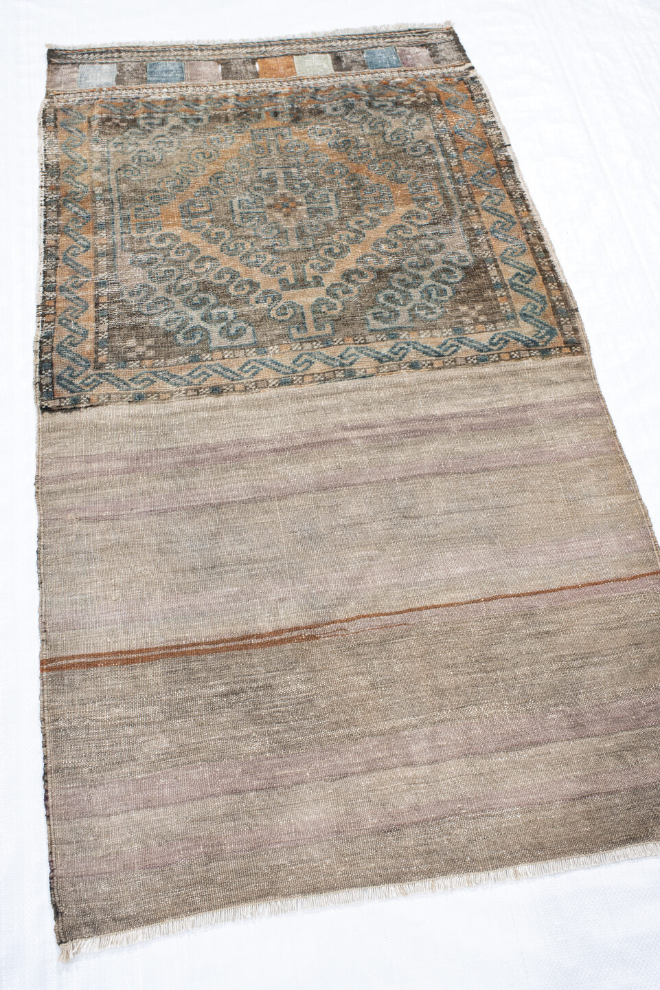 2' x 4' one-of-a-kind handmade vintage Belouch small size rug. Color palette: taupe, gray, slate, rust, ivory, charcoal