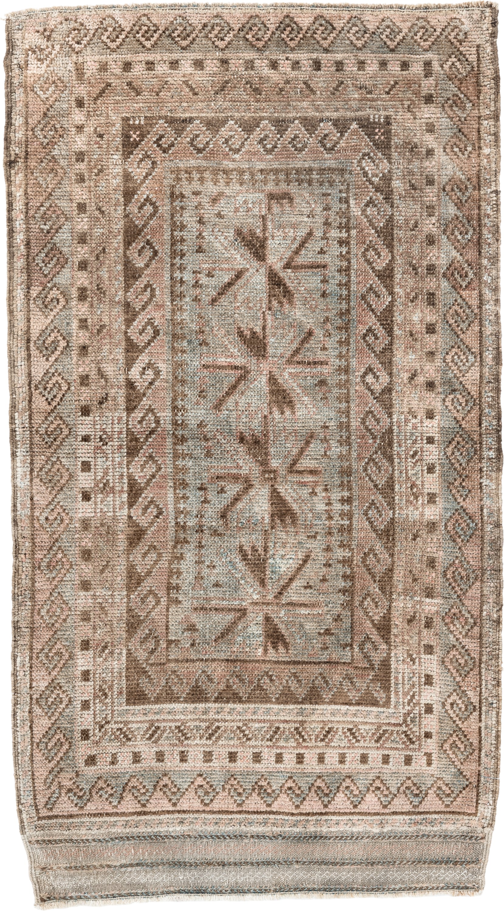 2' x 3' one-of-a-kind handmade vintage Belouch small size rug. Color palette: taupe, ivory, blush, brown, camel, sage, beige