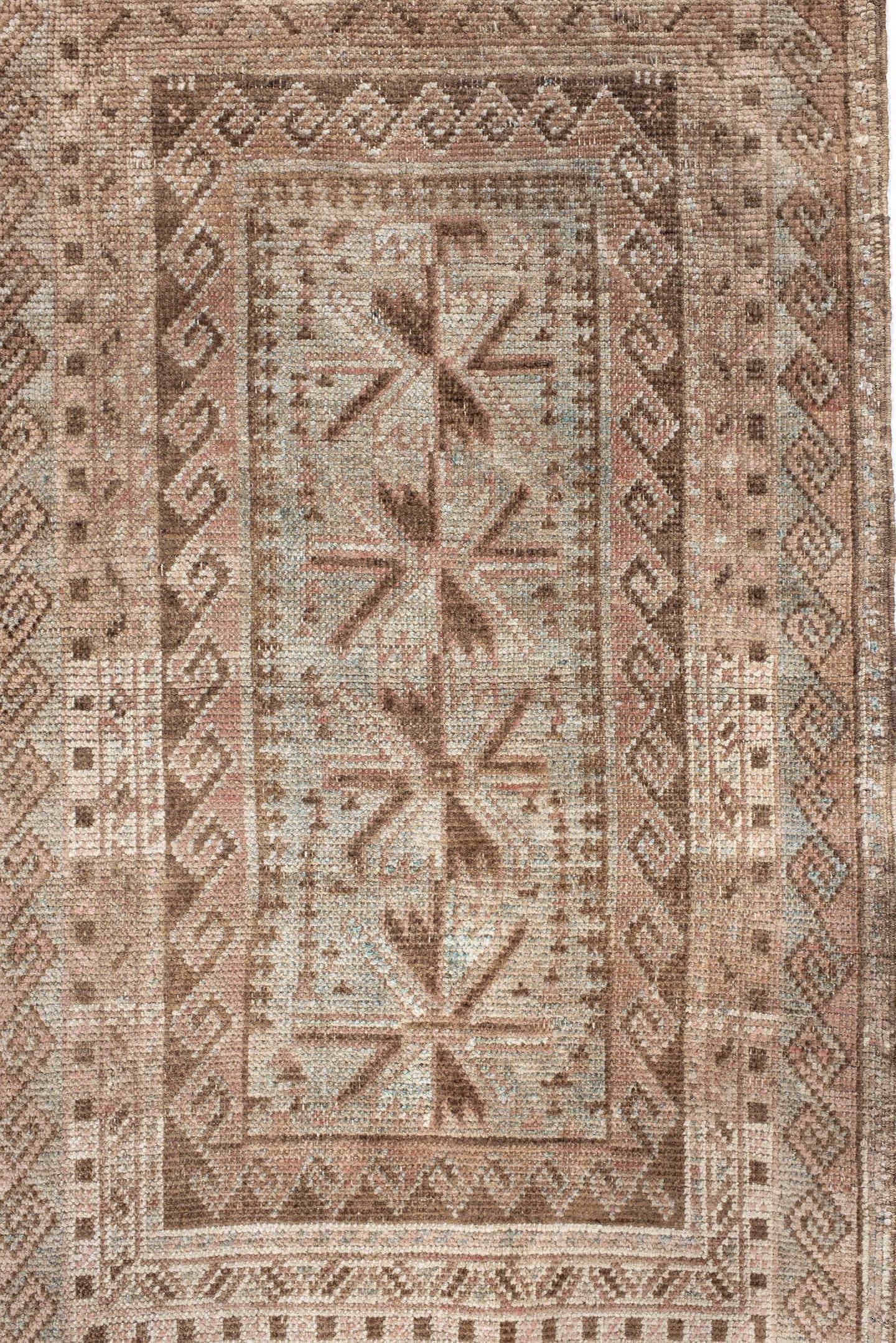 2' x 3' one-of-a-kind handmade vintage Belouch small size rug. Color palette: taupe, ivory, blush, brown, camel, sage, beige